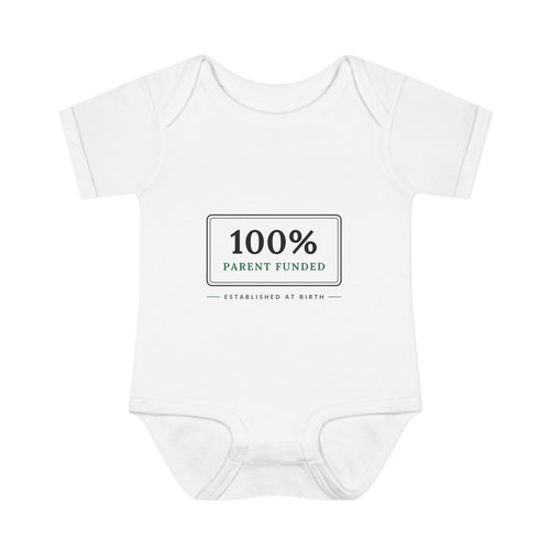 100% PARENT FUNDED. Fiscal Casual Junior baby bodysuit, front view