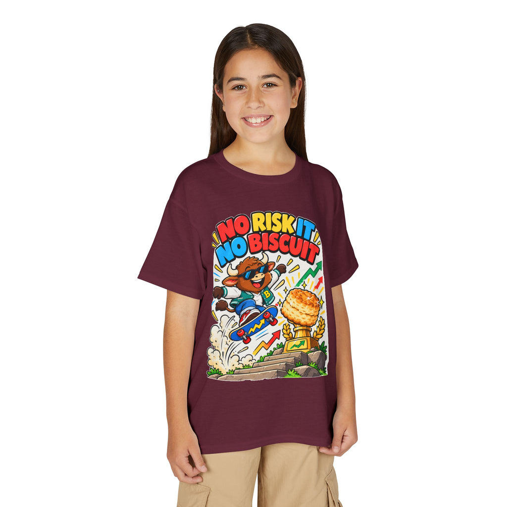 NO RISK IT NO BISCUIT. Youth Tee | Funny Finance Kids Clothing