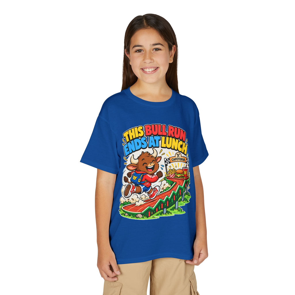 THIS BULL RUN ENDS AT LUNCH. Youth Tee | Funny Finance Kids Clothing