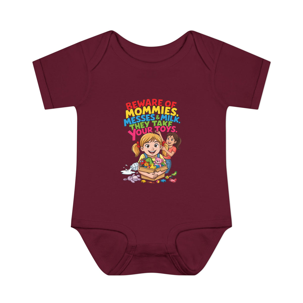 BEWARE OF MOMMIES, MESSES & MILK. THEY TAKE YOUR TOYS.. Girls' Baby Bodysuit | Funny Finance Kids Clothing