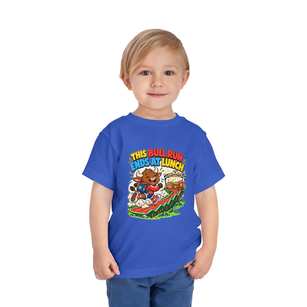 THIS BULL RUN ENDS AT LUNCH. Toddler Tee | Funny Finance Kids Clothing