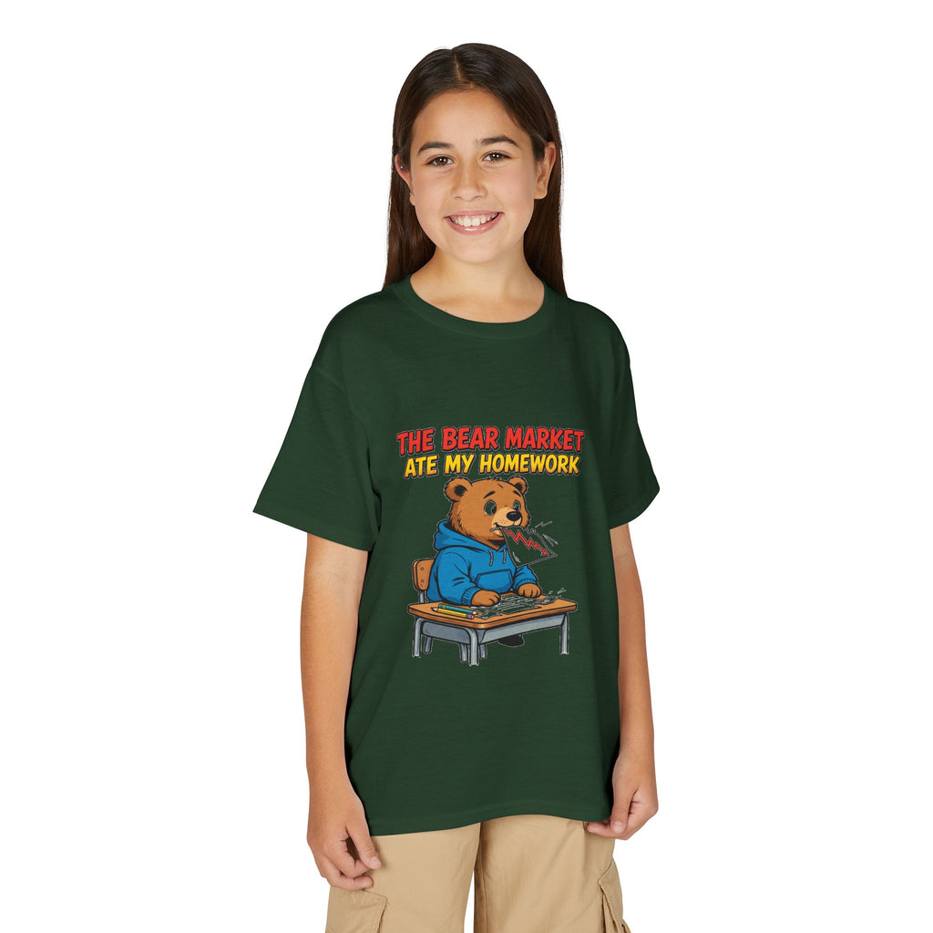 THE BEAR MARKET ATE MY HOMEWORK. Youth Tee | Funny Finance Kids Clothing