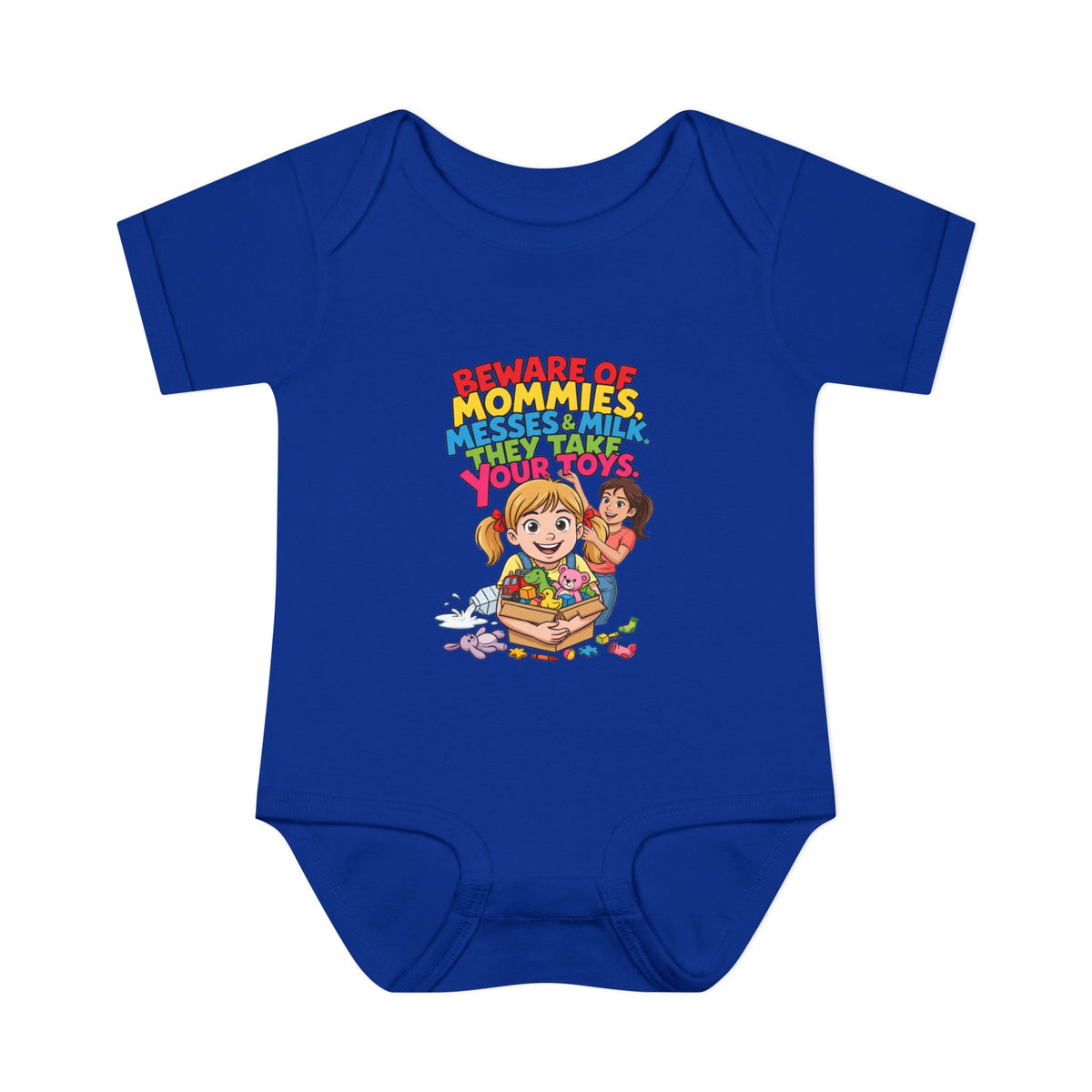 BEWARE OF MOMMIES, MESSES & MILK. THEY TAKE YOUR TOYS.. Girls' Baby Bodysuit | Funny Finance Kids Clothing