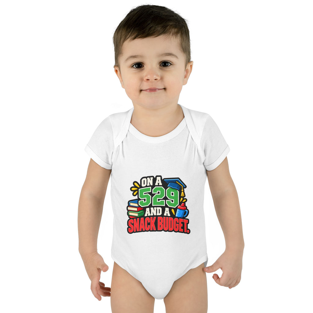 ON A 529 AND A SNACK BUDGET. Fiscal Casual Junior baby bodysuit on a model