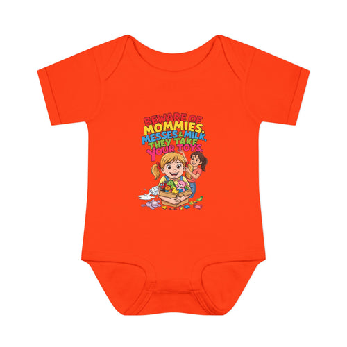 BEWARE OF MOMMIES, MESSES & MILK. THEY TAKE YOUR TOYS.. Girls' Baby Bodysuit | Funny Finance Kids Clothing