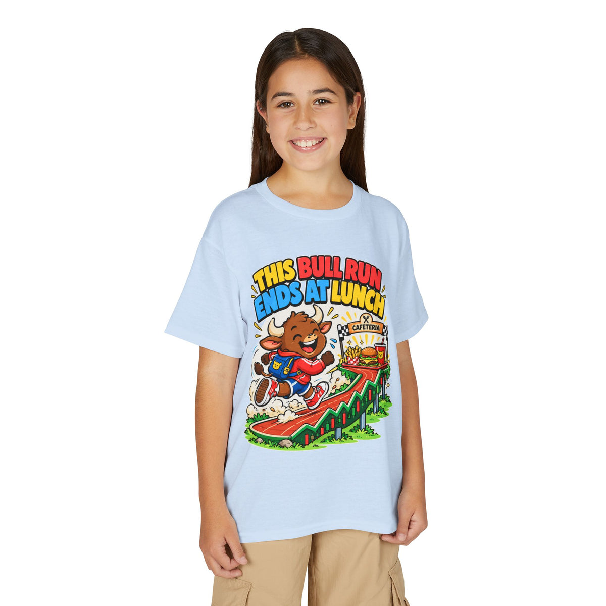 THIS BULL RUN ENDS AT LUNCH. Youth Tee | Funny Finance Kids Clothing