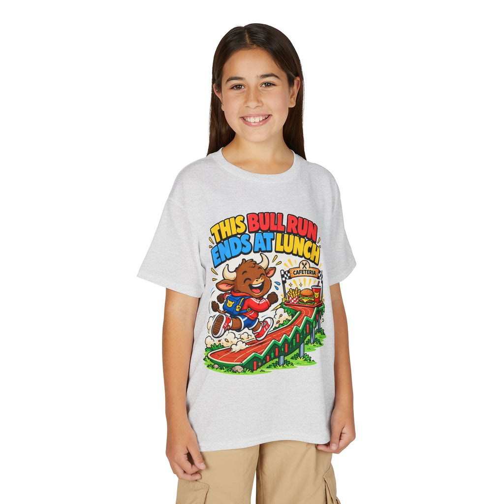 THIS BULL RUN ENDS AT LUNCH. Youth Tee | Funny Finance Kids Clothing