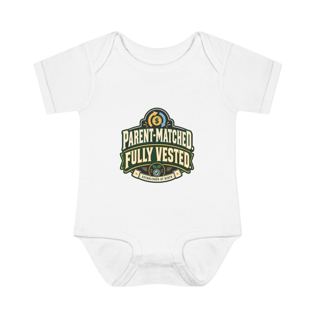 PARENT-MATCHED. FULLY VESTED. Fiscal Casual Junior baby bodysuit, front view