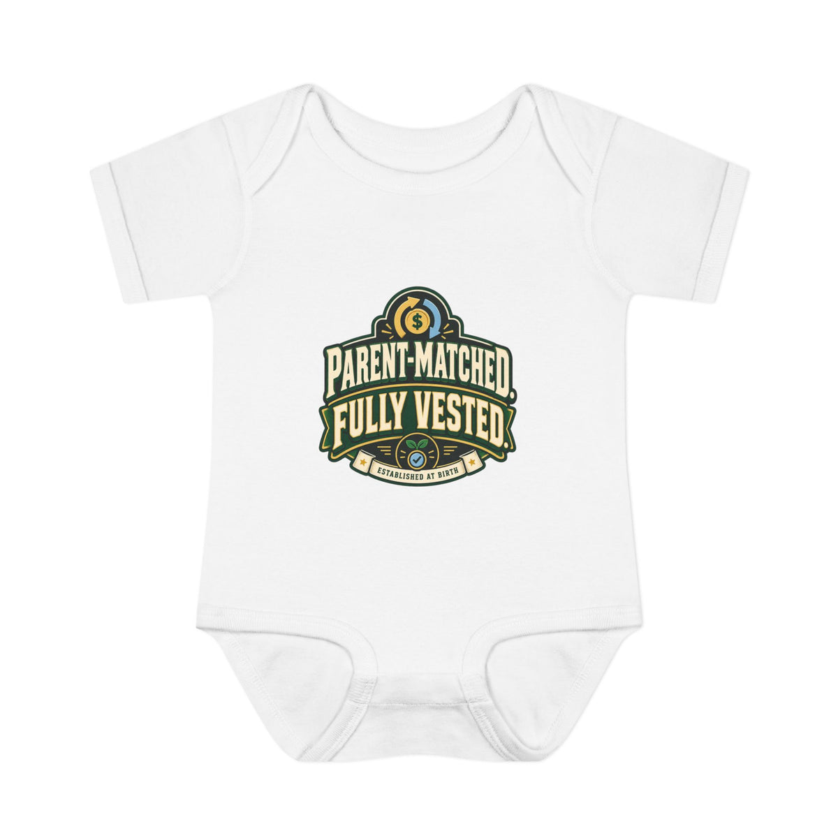 PARENT-MATCHED. FULLY VESTED. Fiscal Casual Junior baby bodysuit, front view