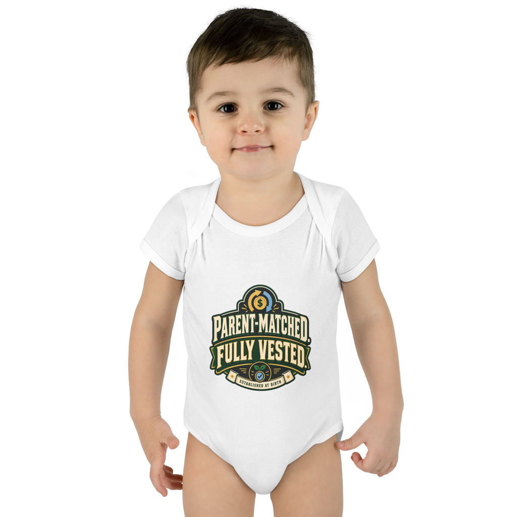 PARENT-MATCHED. FULLY VESTED. Fiscal Casual Junior baby bodysuit on a model