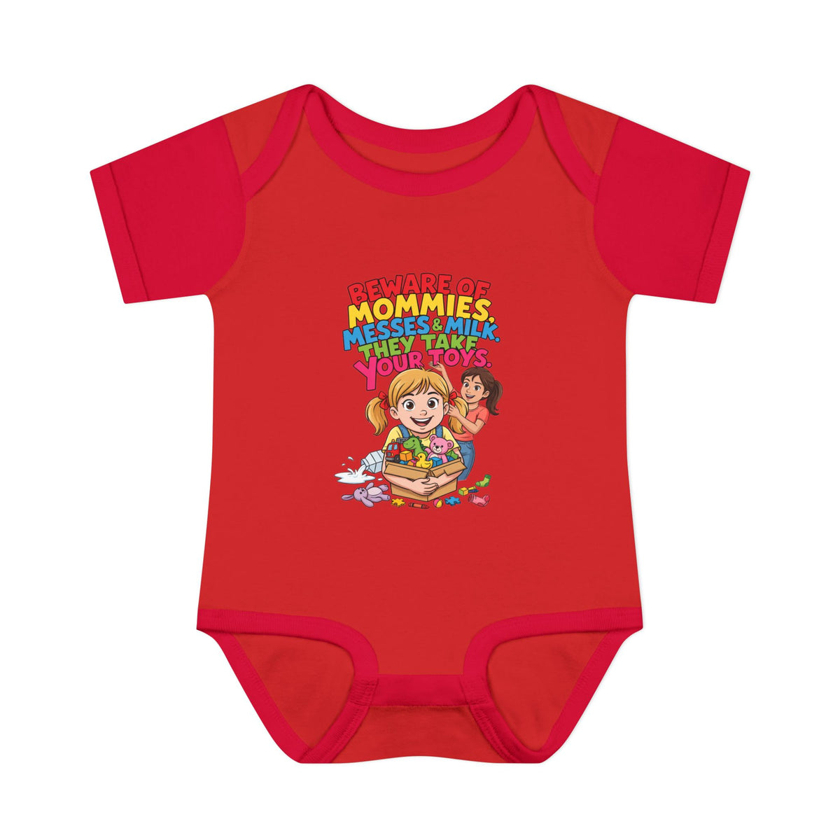 BEWARE OF MOMMIES, MESSES & MILK. THEY TAKE YOUR TOYS.. Girls' Baby Bodysuit | Funny Finance Kids Clothing