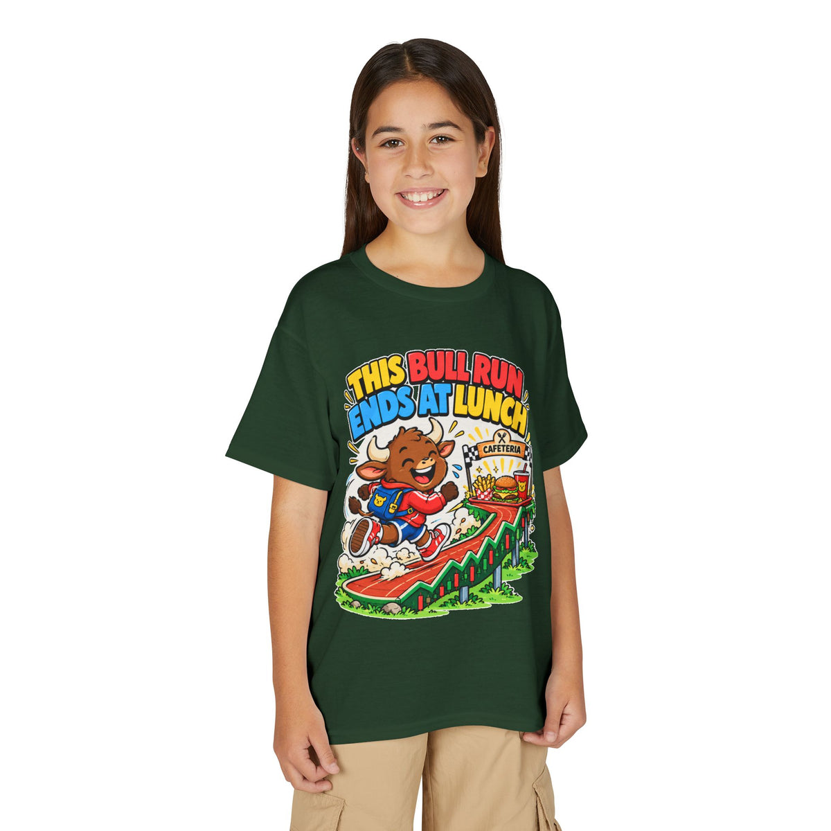THIS BULL RUN ENDS AT LUNCH. Youth Tee | Funny Finance Kids Clothing