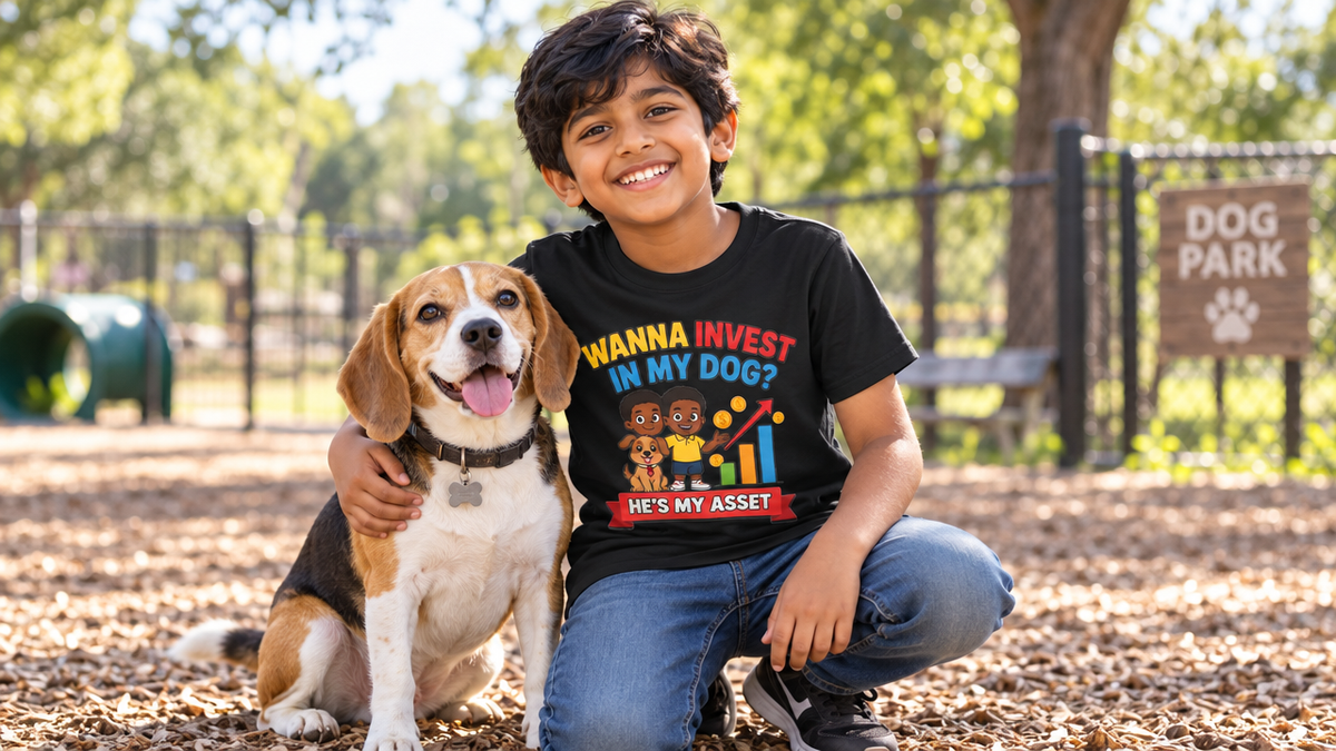 WANNA INVEST IN MY DOG? HE'S MY ASSET. Boys' Youth Tee | Funny Finance Kids Clothing