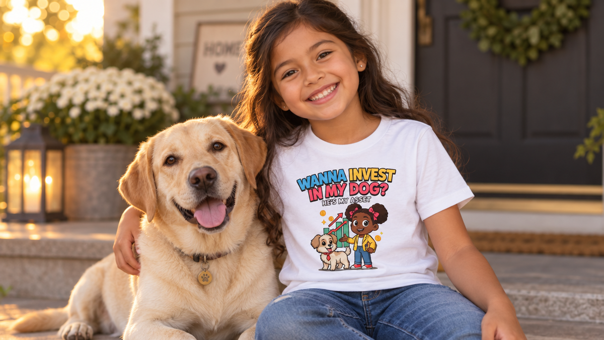 WANNA INVEST IN MY DOG? HE'S MY ASSET. Girls' Youth Tee | Funny Finance Kids Clothing