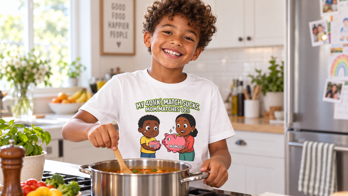 MY 401(K) MATCH SUCKS. MOM MATCHES 10%. Boys' Youth Tee | Funny Finance Kids Clothing